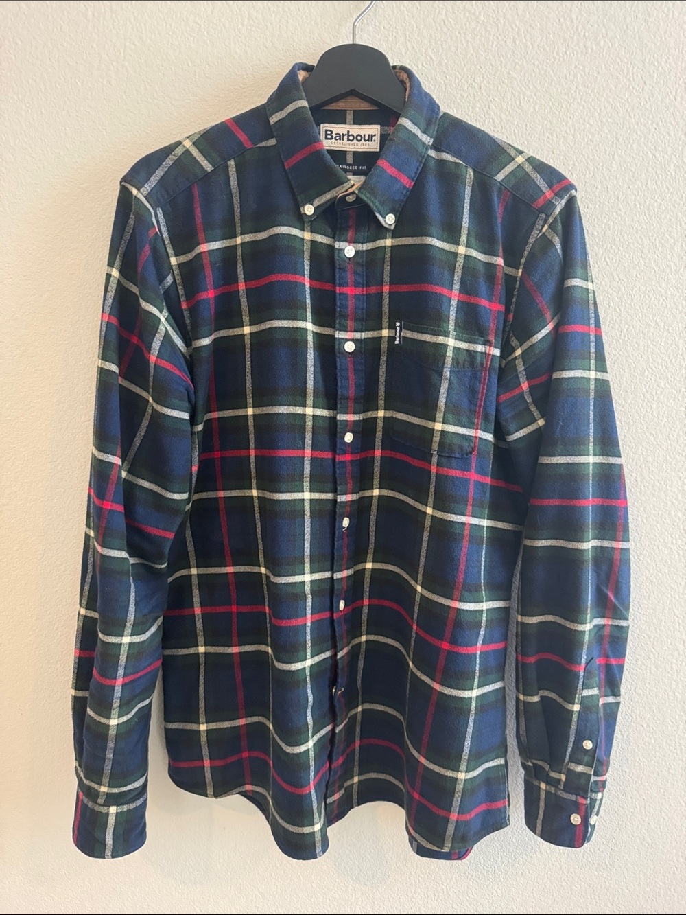 Barbour Navy, Green & Red Plaid Button-Down Shirt